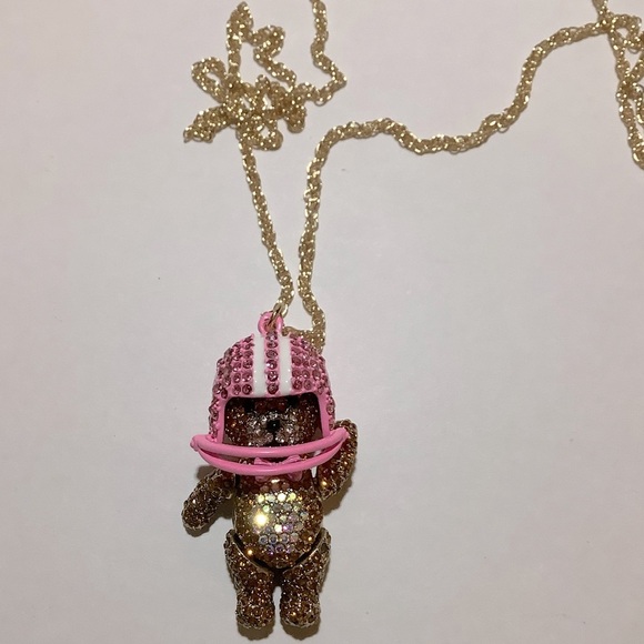 Betsey Johnson Rhinestone Football Bear Pendant Necklace New - Picture 4 of 5